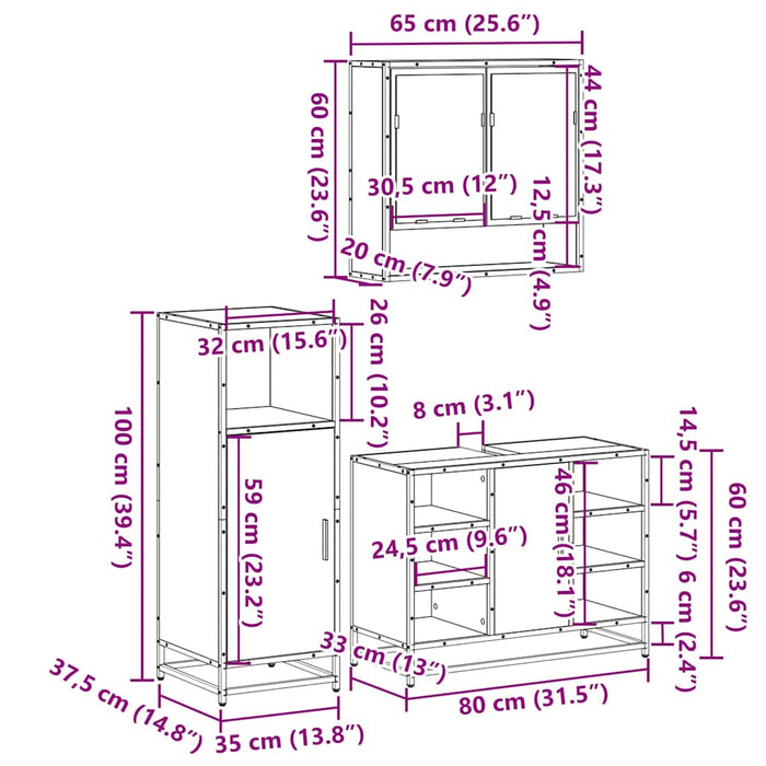 Set mobilier de baie, 3 piese, gri sonoma, lemn prelucrat WALTI