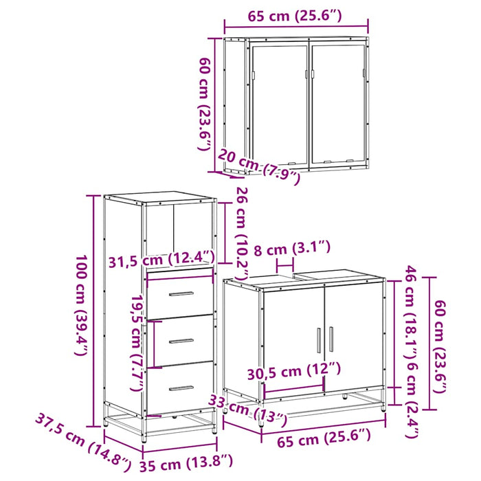 Set mobilier de baie, 3 piese, negru, lemn compozit WALTI