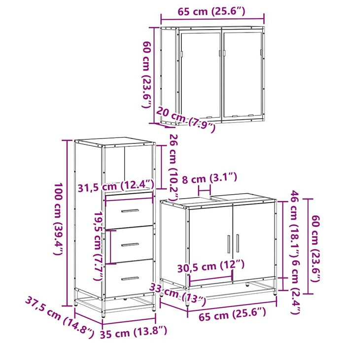 Set mobilier de baie, 3 piese, stejar fumuriu, lemn prelucrat WALTI