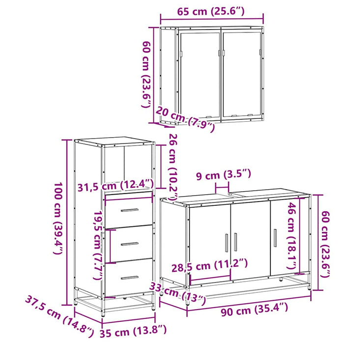 Set mobilier de baie, 3 piese, negru, lemn compozit WALTI