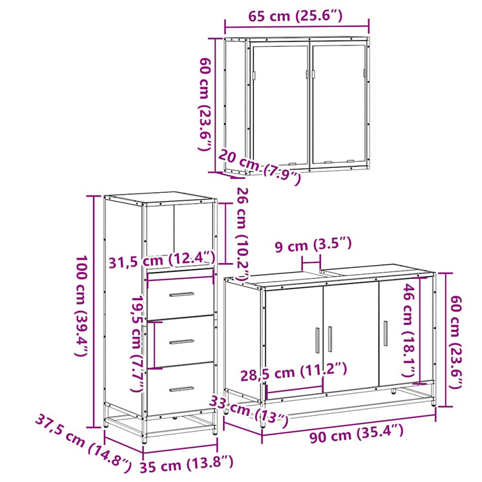 Set mobilier de baie, 3 piese, stejar fumuriu, lemn prelucrat WALTI