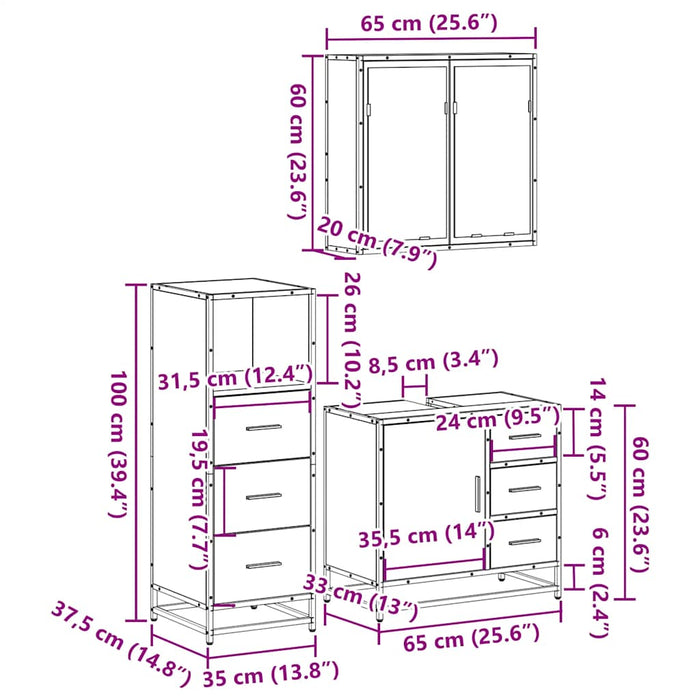 Set mobilier de baie, 3 piese, negru, lemn compozit WALTI