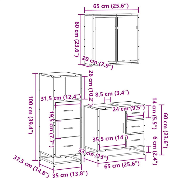 Set mobilier de baie, 3 piese, stejar sonoma, lemn prelucrat WALTI