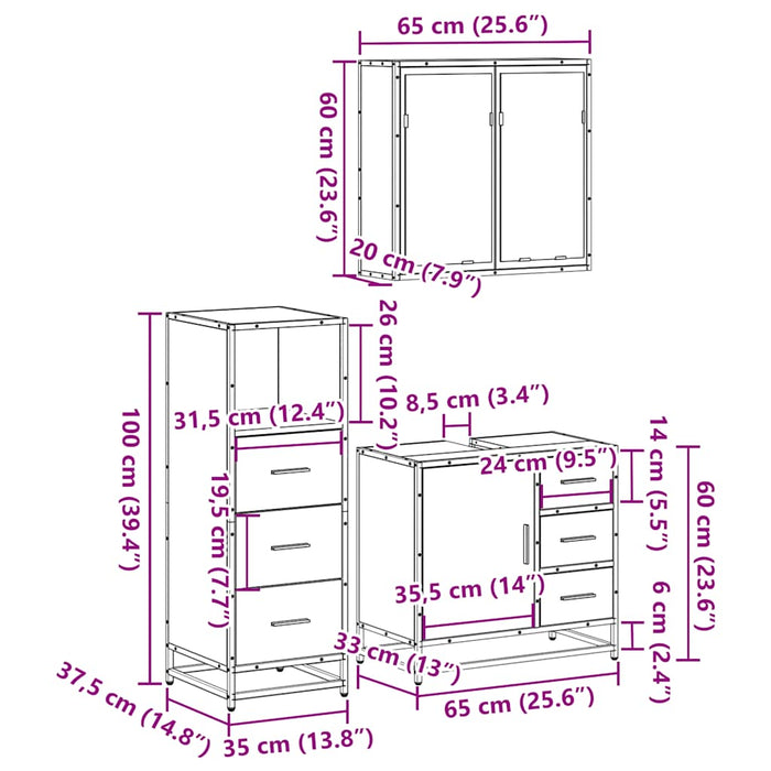 Set mobilier de baie, 3 piese, stejar fumuriu, lemn prelucrat WALTI