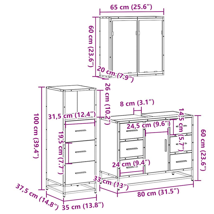 Set mobilier de baie, 3 piese, negru, lemn compozit WALTI