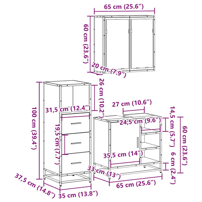 Set mobilier de baie, 3 piese, negru, lemn compozit WALTI