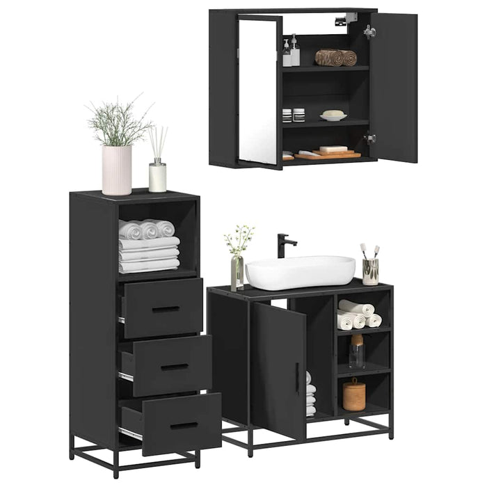 Set mobilier de baie, 3 piese, negru, lemn compozit WALTI