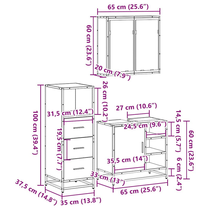 Set mobilier de baie, 3 piese, stejar sonoma, lemn prelucrat WALTI