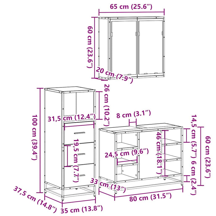 Set mobilier de baie, 3 piese, negru, lemn compozit WALTI