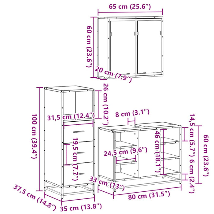 Set mobilier de baie, 3 piese, stejar sonoma, lemn prelucrat WALTI