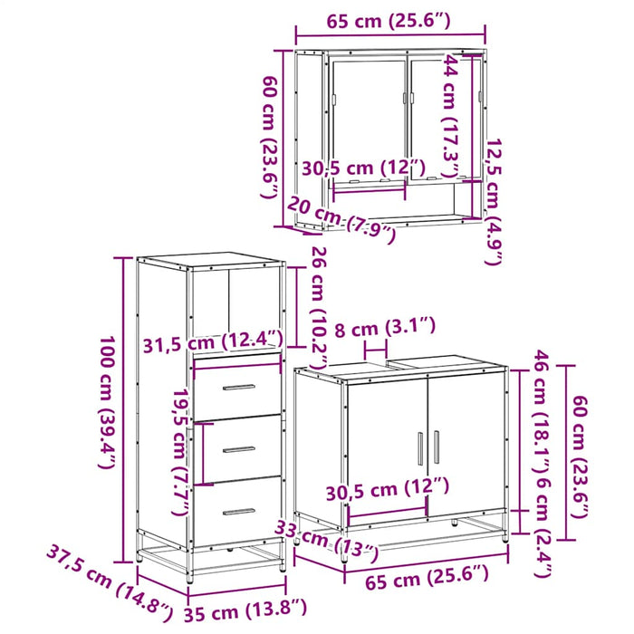 Set mobilier de baie, 3 piese, negru, lemn compozit WALTI