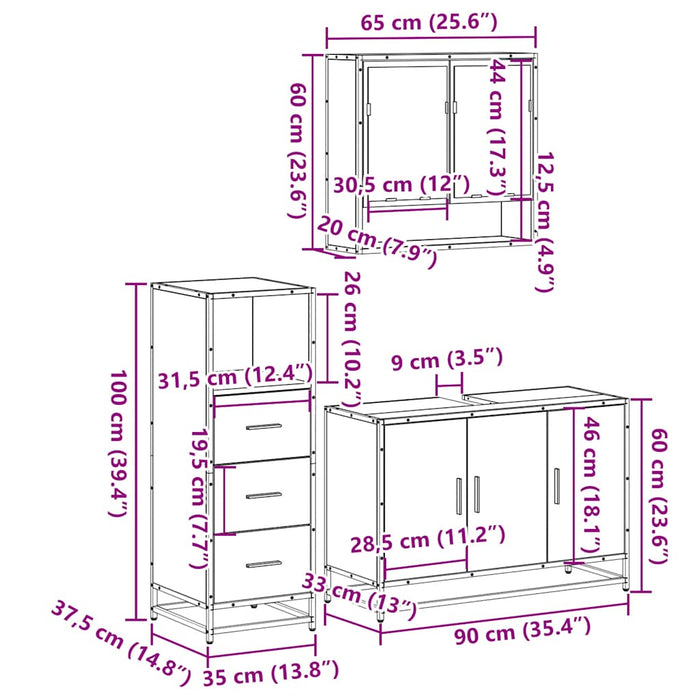 Set mobilier de baie, 3 piese, negru, lemn compozit WALTI