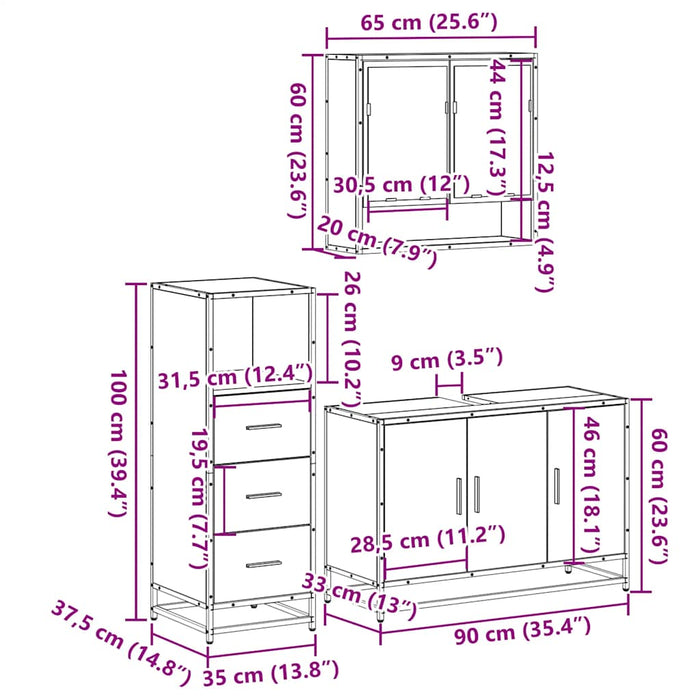 Set mobilier de baie, 3 piese, stejar sonoma, lemn prelucrat WALTI