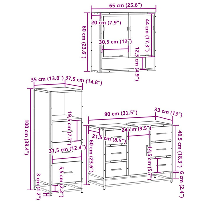 Set mobilier de baie, 3 piese, negru, lemn compozit WALTI