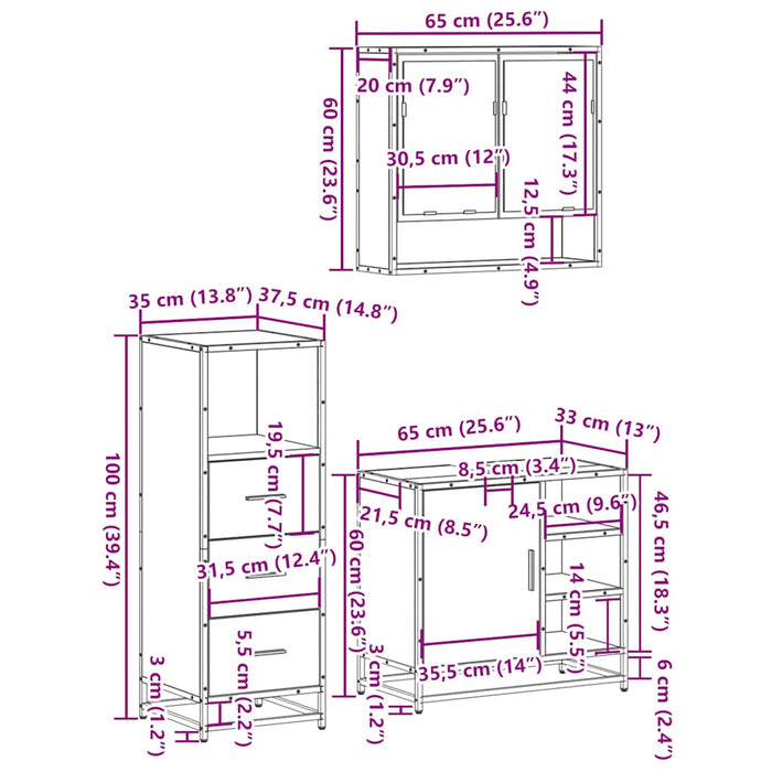 Set mobilier de baie, 3 piese, stejar fumuriu, lemn prelucrat WALTI