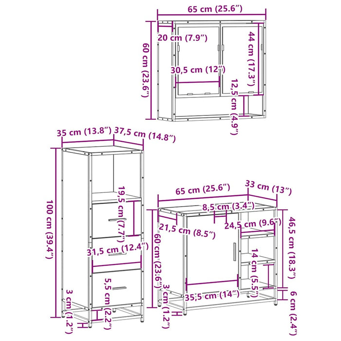 Set mobilier de baie, 3 piese, stejar maro, lemn prelucrat WALTI