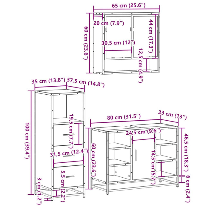 Set mobilier de baie, 3 piese, negru, lemn compozit WALTI