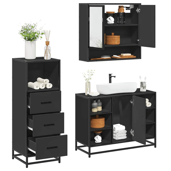 Set mobilier de baie, 3 piese, negru, lemn compozit WALTI