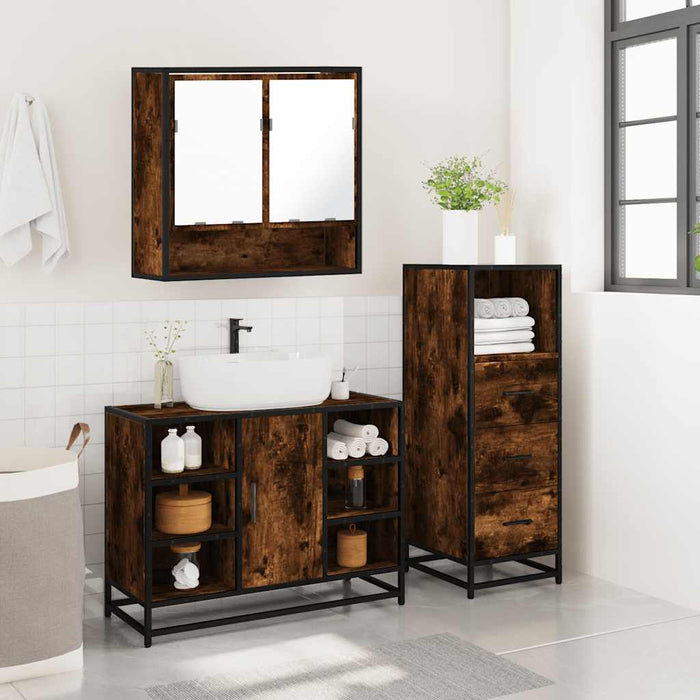 Set mobilier de baie, 3 piese, stejar fumuriu, lemn prelucrat - WALTI WALTI