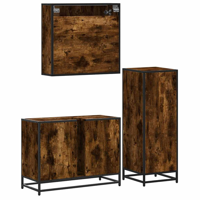 Set mobilier de baie, 3 piese, stejar fumuriu, lemn prelucrat - WALTI WALTI