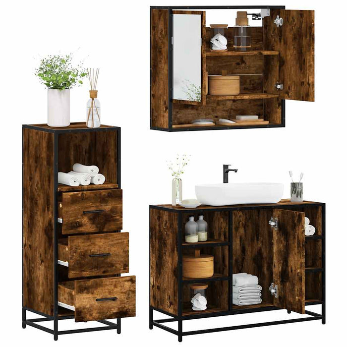 Set mobilier de baie, 3 piese, stejar fumuriu, lemn prelucrat - WALTI WALTI