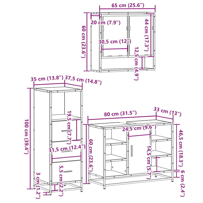 Set mobilier de baie, 3 piese, gri sonoma, lemn prelucrat - WALTI WALTI