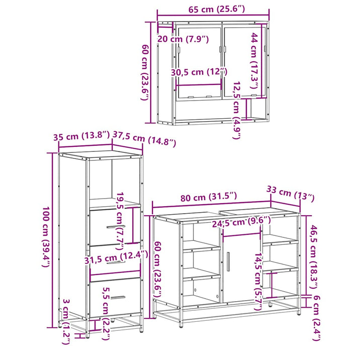 Set mobilier de baie, 3 piese, stejar maro, lemn prelucrat WALTI