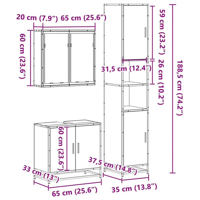 Set mobilier de baie, 3 piese, stejar fumuriu, lemn prelucrat WALTI