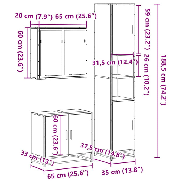 Set mobilier de baie, 3 piese, gri sonoma, lemn prelucrat WALTI