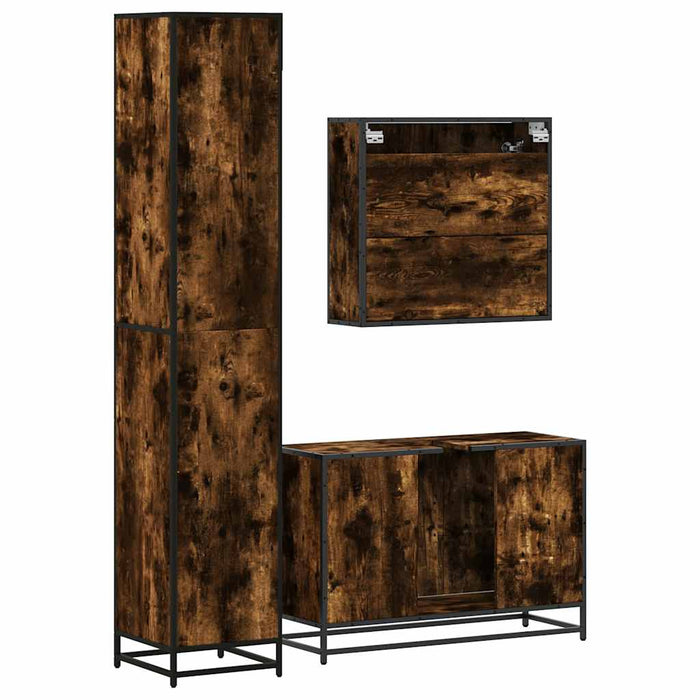 Set mobilier de baie, 3 piese, stejar fumuriu, lemn prelucrat - WALTI WALTI