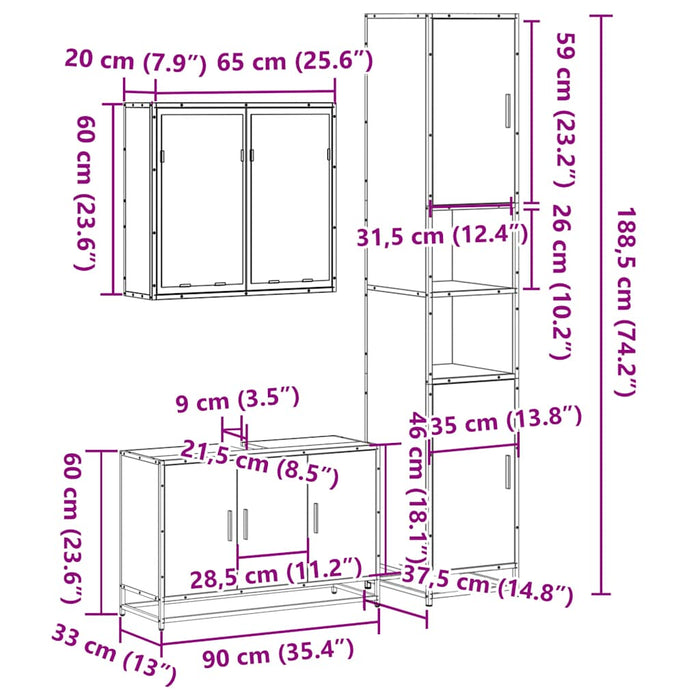 Set mobilier de baie, 3 piese, stejar fumuriu, lemn prelucrat - WALTI WALTI