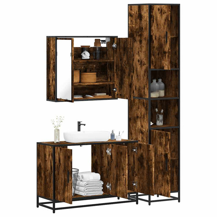 Set mobilier de baie, 3 piese, stejar fumuriu, lemn prelucrat - WALTI WALTI