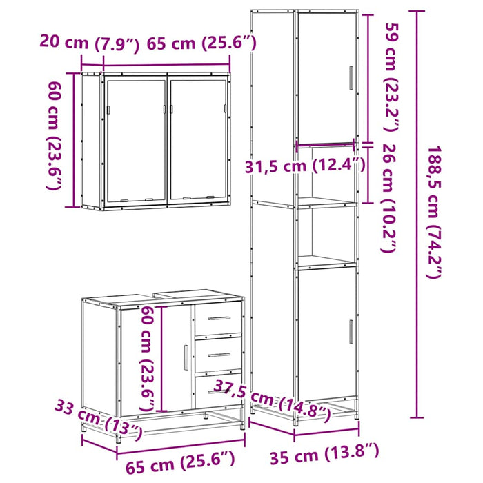 Set mobilier de baie, 3 piese, stejar fumuriu, lemn prelucrat - WALTI WALTI