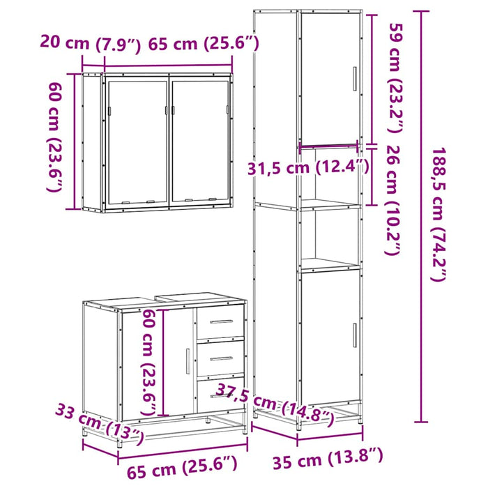 Set mobilier de baie, 3 piese, stejar maro, lemn prelucrat WALTI