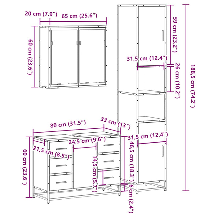 Set mobilier de baie, 3 piese, stejar sonoma, lemn prelucrat WALTI