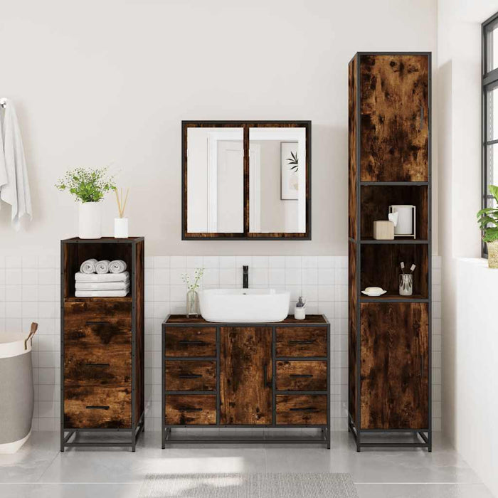 Set mobilier de baie, 3 piese, stejar fumuriu, lemn prelucrat - WALTI WALTI