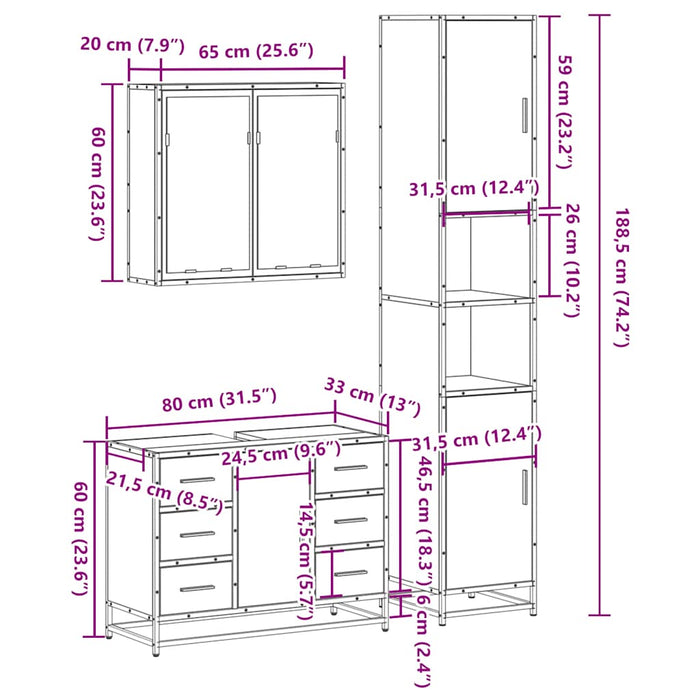 Set mobilier de baie, 3 piese, stejar fumuriu, lemn prelucrat - WALTI WALTI
