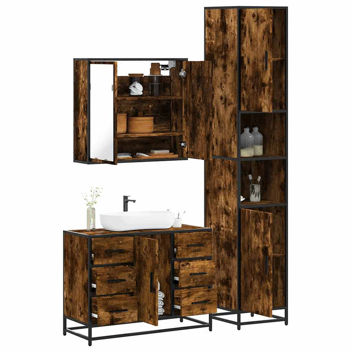 Set mobilier de baie, 3 piese, stejar fumuriu, lemn prelucrat - WALTI WALTI