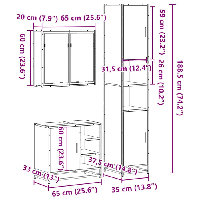 Set mobilier de baie, 3 piese, negru, lemn compozit WALTI