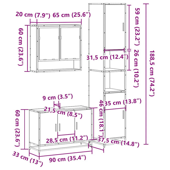 Set mobilier de baie, 3 piese, negru, lemn compozit WALTI