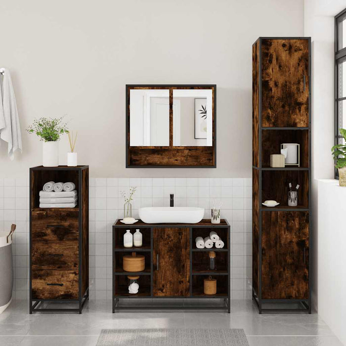 Set mobilier de baie, 3 piese, stejar fumuriu, lemn prelucrat - WALTI WALTI