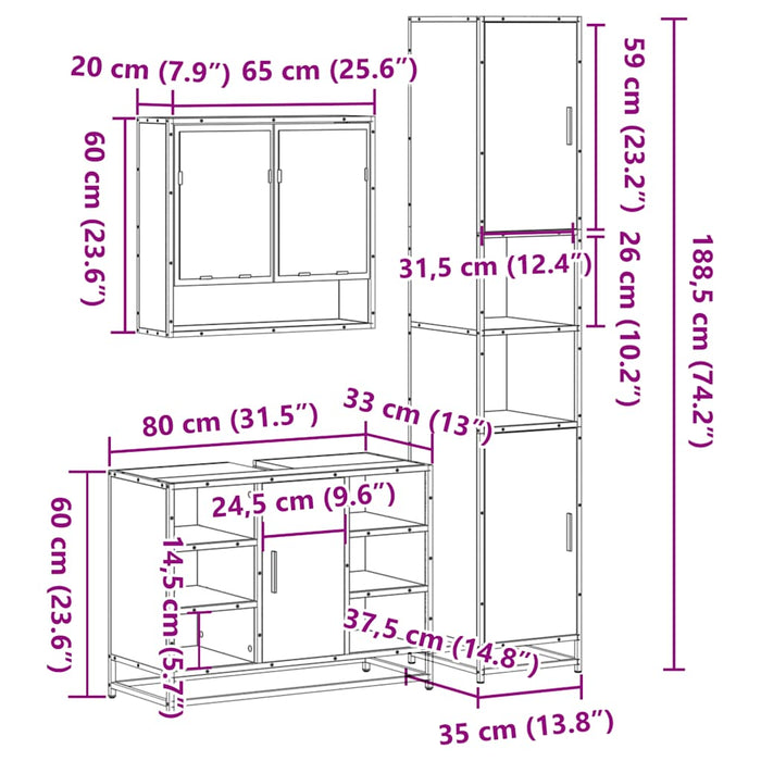 Set mobilier de baie, 3 piese, stejar fumuriu, lemn prelucrat - WALTI WALTI