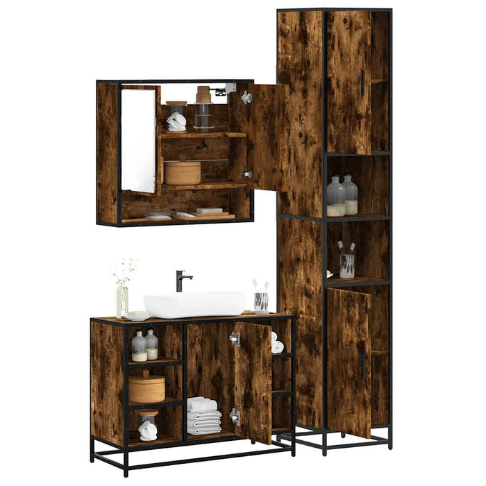 Set mobilier de baie, 3 piese, stejar fumuriu, lemn prelucrat - WALTI WALTI