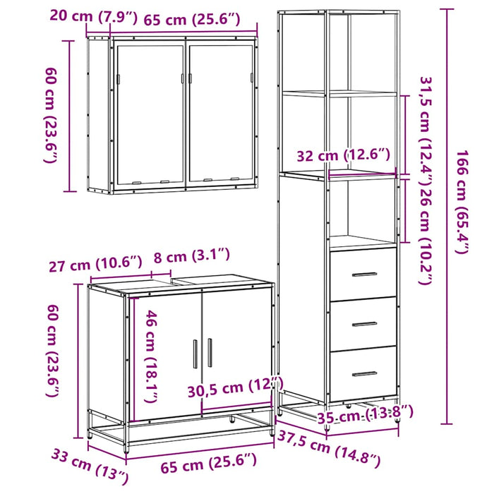 Set mobilier de baie, 3 piese, negru, lemn compozit WALTI