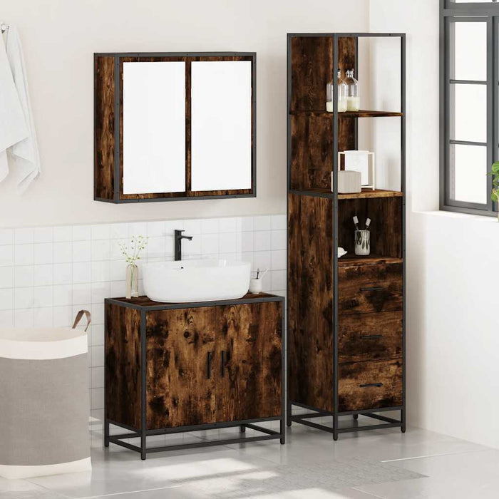 Set mobilier de baie, 3 piese, stejar fumuriu, lemn prelucrat - WALTI WALTI