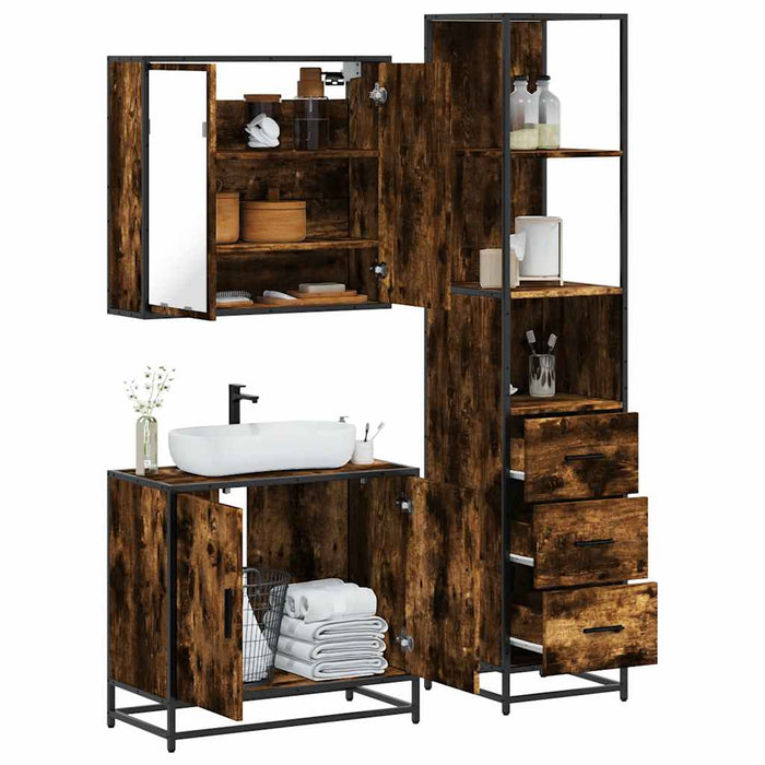 Set mobilier de baie, 3 piese, stejar fumuriu, lemn prelucrat - WALTI WALTI