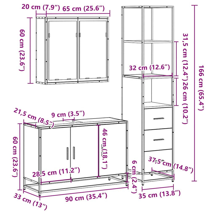 Set mobilier de baie, 3 piese, negru, lemn compozit WALTI