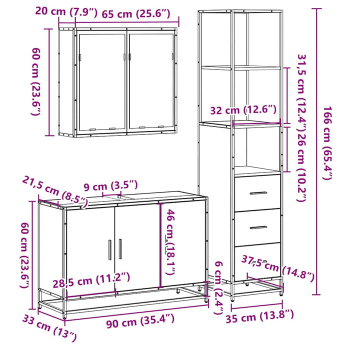 Set mobilier de baie, 3 piese, stejar sonoma, lemn prelucrat WALTI