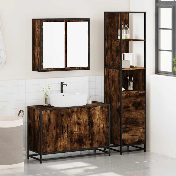Set mobilier de baie, 3 piese, stejar fumuriu, lemn prelucrat - WALTI WALTI