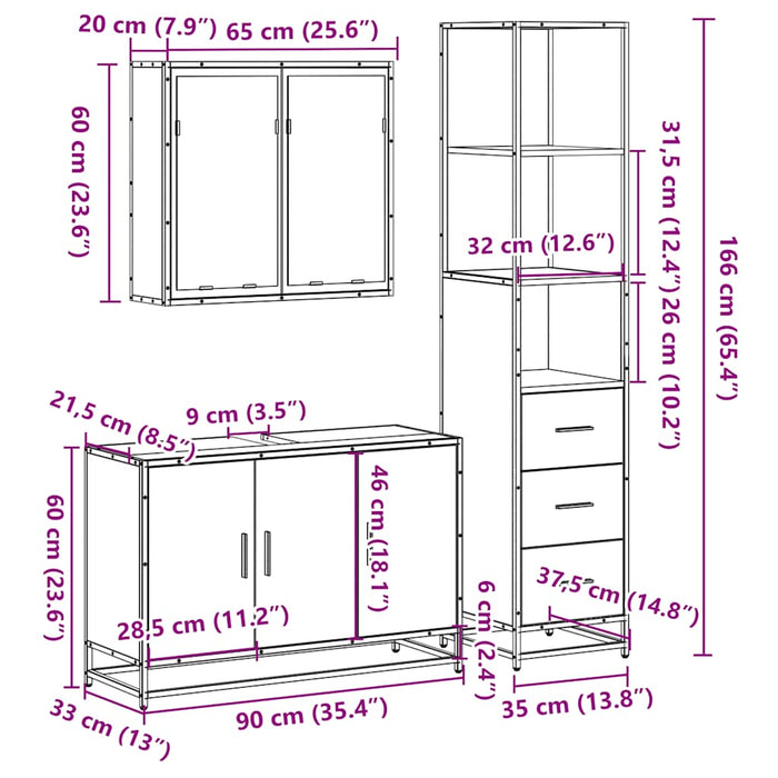 Set mobilier de baie, 3 piese, stejar fumuriu, lemn prelucrat - WALTI WALTI
